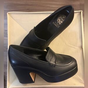 Vince Camuto Black Chunky Heel Loafers . New